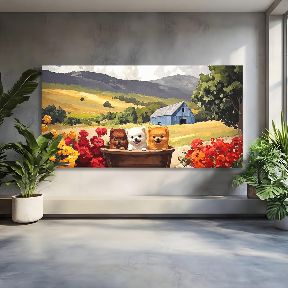 Tablou canvas cu pictura cu trei catelusi in butoi, fara rama, pe sasiu de lemn